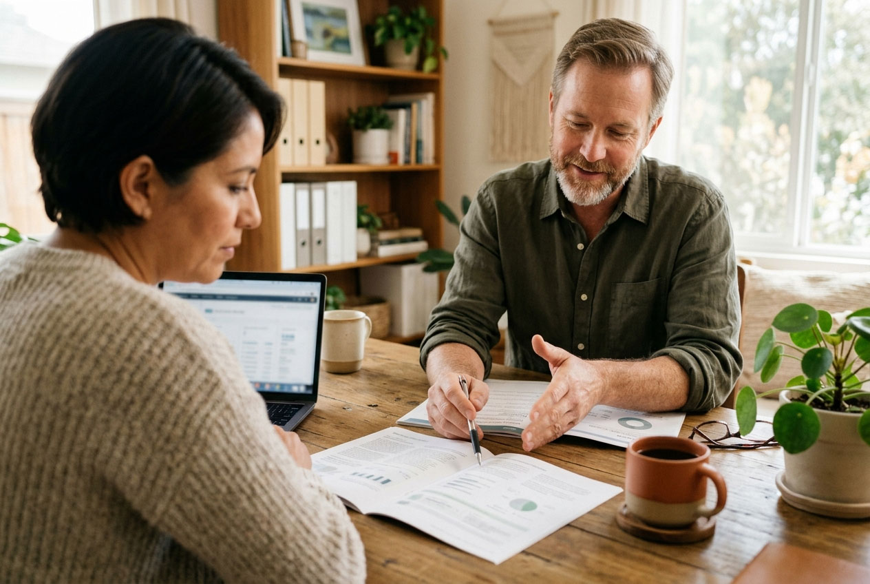 A benefits consultant reviewing group health plan options with a Southern California business owner
